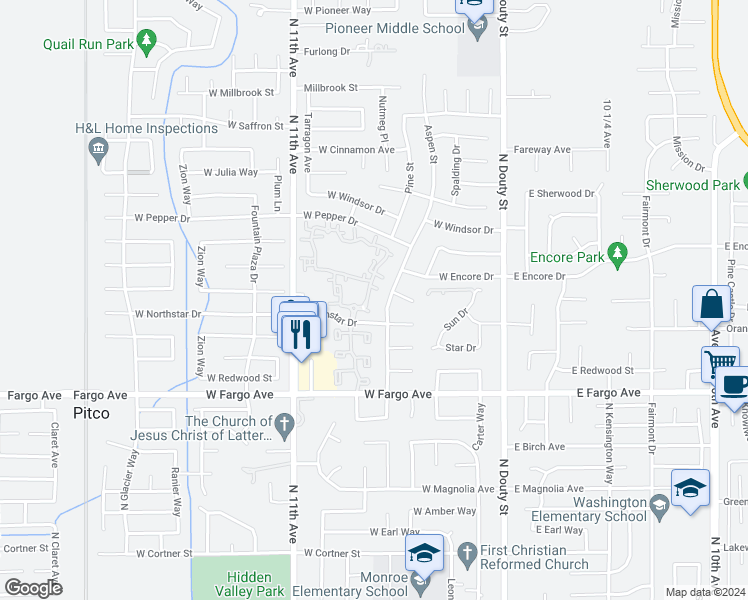 map of restaurants, bars, coffee shops, grocery stores, and more near 481 West Pepper Drive in Hanford