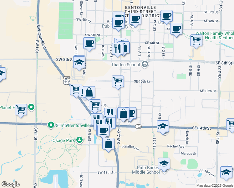 map of restaurants, bars, coffee shops, grocery stores, and more near 1012 Rose Garden Lane in Bentonville