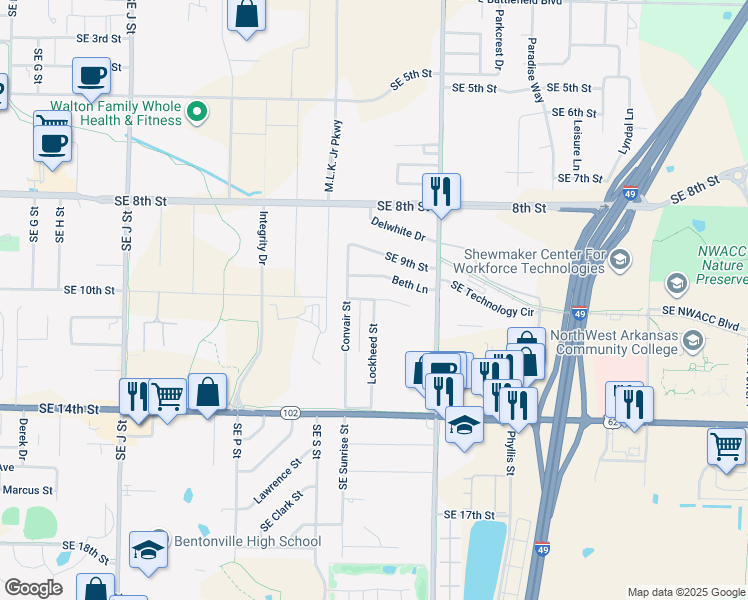 map of restaurants, bars, coffee shops, grocery stores, and more near Douglas Street in Bentonville