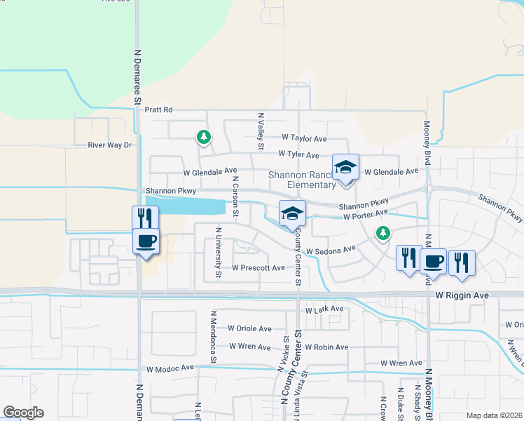 map of restaurants, bars, coffee shops, grocery stores, and more near 3410 North Minden Street in Visalia