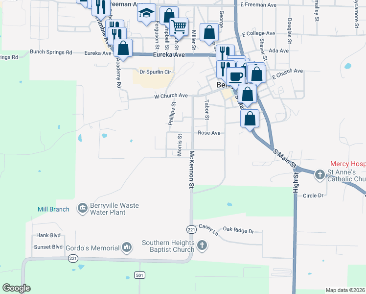 map of restaurants, bars, coffee shops, grocery stores, and more near 502 McKennon Street in Berryville