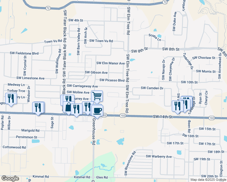 map of restaurants, bars, coffee shops, grocery stores, and more near 3408 Southwest Victoria Place in Bentonville