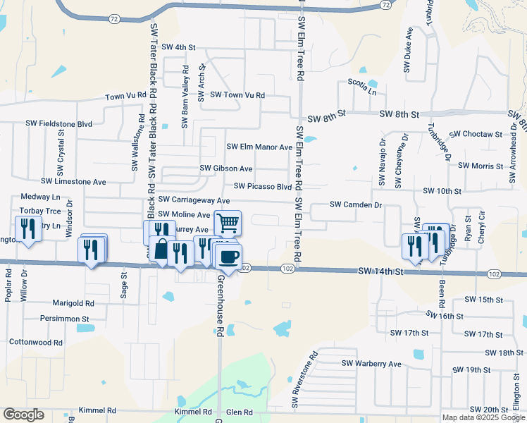 map of restaurants, bars, coffee shops, grocery stores, and more near 3408 Southwest Victoria Place in Bentonville