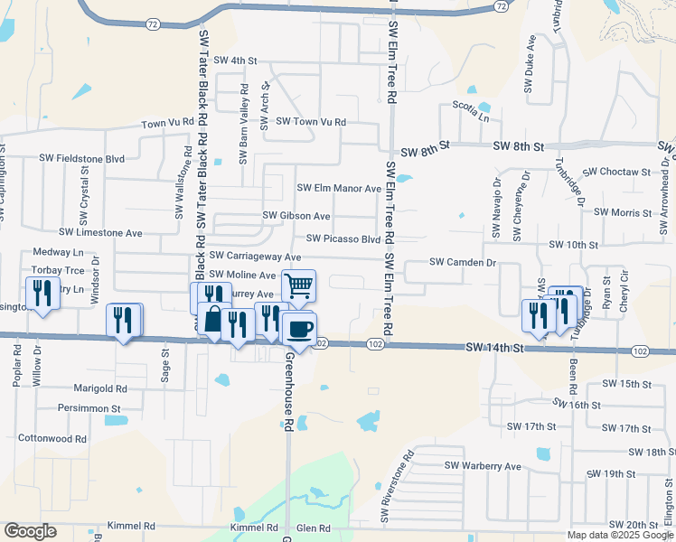 map of restaurants, bars, coffee shops, grocery stores, and more near 3408 Southwest Victoria Place in Bentonville