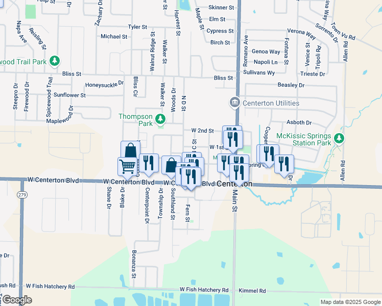 map of restaurants, bars, coffee shops, grocery stores, and more near 225 North C Street in Centerton