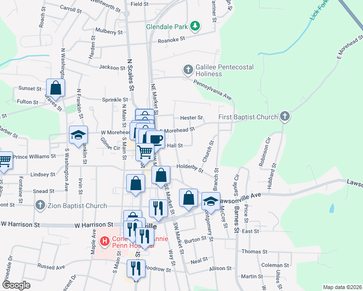 map of restaurants, bars, coffee shops, grocery stores, and more near 211 South Harris Street in Reidsville