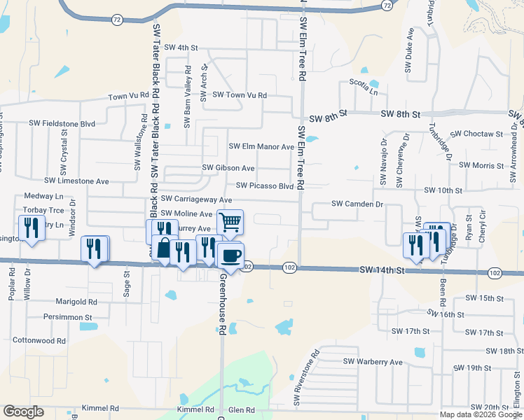 map of restaurants, bars, coffee shops, grocery stores, and more near 3408 Southwest Victoria Place in Bentonville