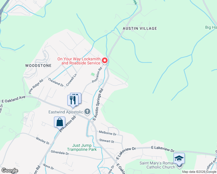 map of restaurants, bars, coffee shops, grocery stores, and more near 180 South Austin Springs Road in Johnson City