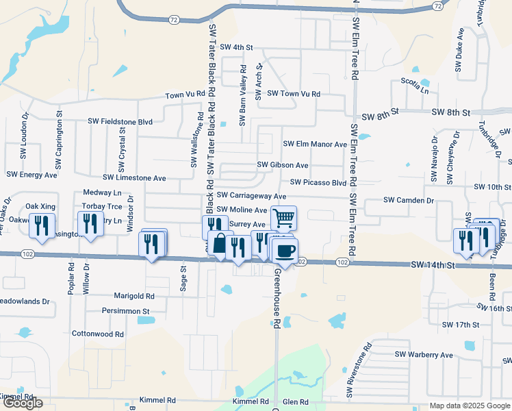 map of restaurants, bars, coffee shops, grocery stores, and more near 3806 Southwest Surrey Avenue in Bentonville