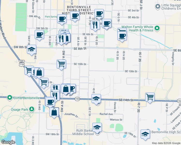 map of restaurants, bars, coffee shops, grocery stores, and more near 1102 Southeast C Street in Bentonville