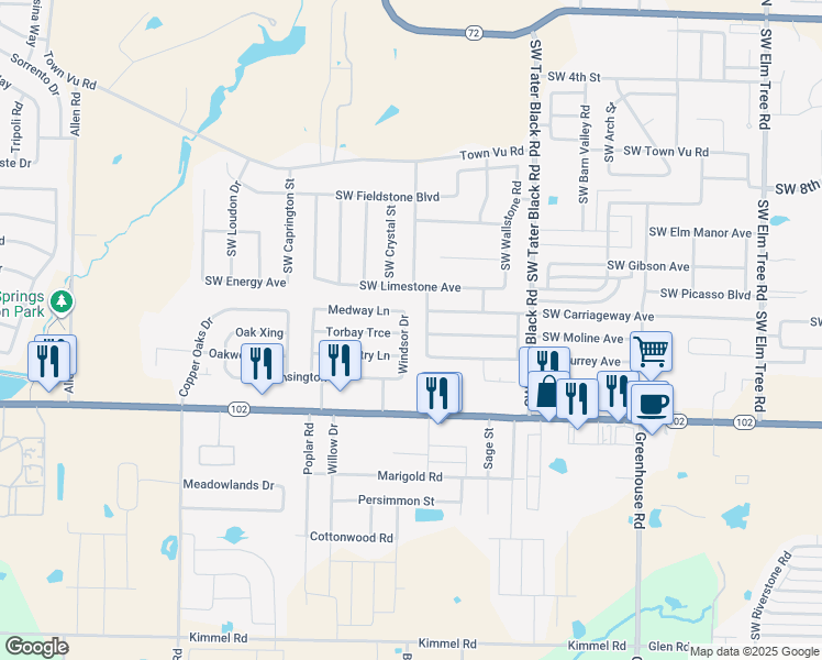 map of restaurants, bars, coffee shops, grocery stores, and more near 300 Windsor Drive in Centerton