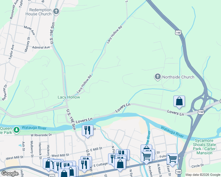 map of restaurants, bars, coffee shops, grocery stores, and more near 149 Renfro Road in Elizabethton