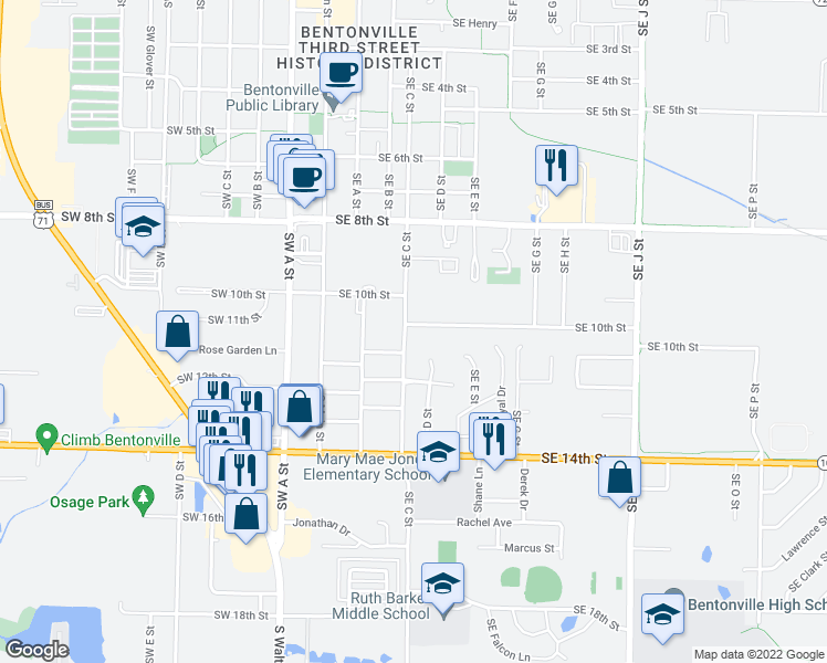 map of restaurants, bars, coffee shops, grocery stores, and more near 1011 Southeast C Street in Bentonville