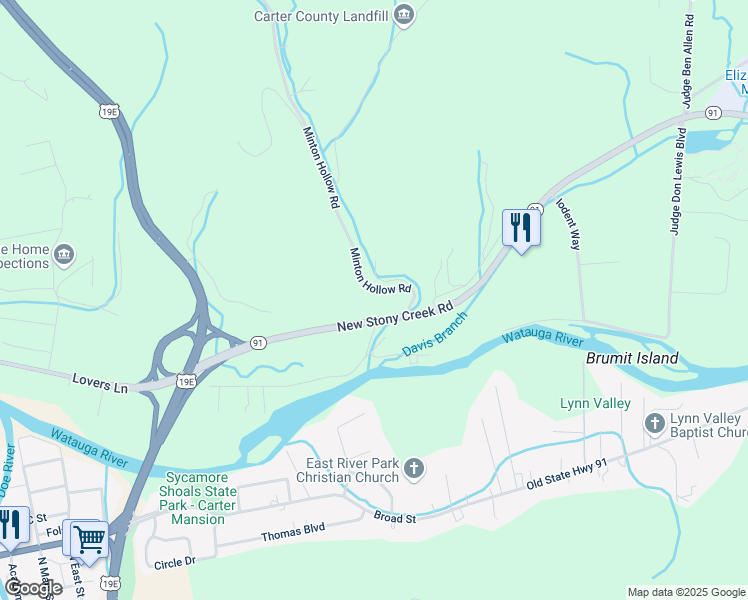 map of restaurants, bars, coffee shops, grocery stores, and more near 135 Minton Hollow Road in Elizabethton