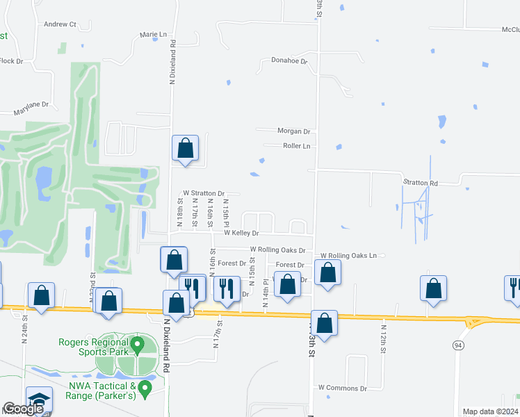 map of restaurants, bars, coffee shops, grocery stores, and more near 1413 West Walker Drive in Rogers