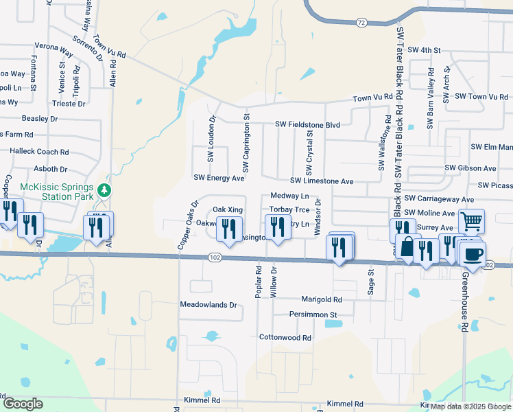 map of restaurants, bars, coffee shops, grocery stores, and more near 1121 Medway Lane in Centerton