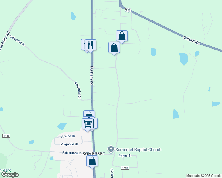 map of restaurants, bars, coffee shops, grocery stores, and more near 1270 Old Durham Road in Roxboro