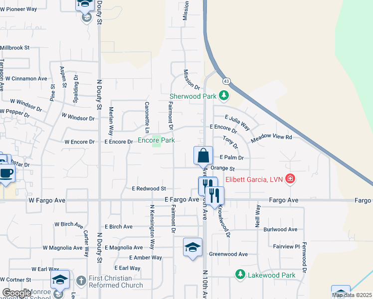 map of restaurants, bars, coffee shops, grocery stores, and more near 594 Diana Court in Hanford