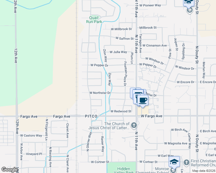 map of restaurants, bars, coffee shops, grocery stores, and more near 2736 Zion Way in Hanford
