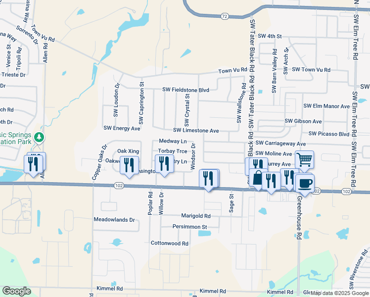 map of restaurants, bars, coffee shops, grocery stores, and more near 1271 Medway Lane in Centerton