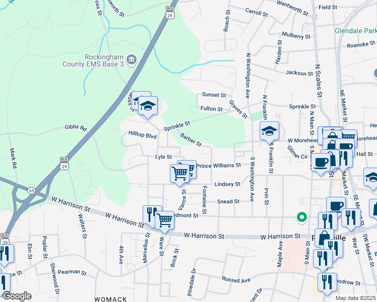 map of restaurants, bars, coffee shops, grocery stores, and more near 704 Burnett Street in Reidsville