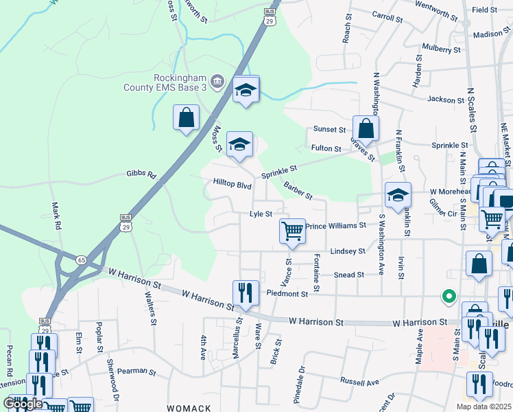 map of restaurants, bars, coffee shops, grocery stores, and more near 103 Moss St in Reidsville