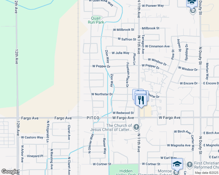map of restaurants, bars, coffee shops, grocery stores, and more near 2718 Zion Way in Hanford