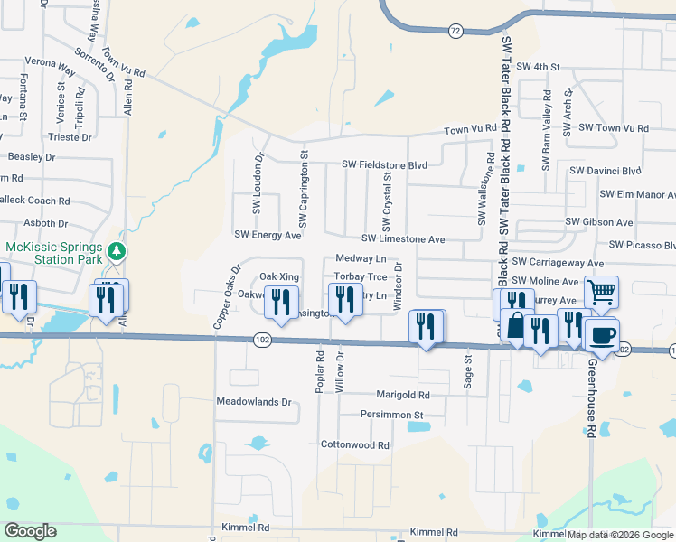 map of restaurants, bars, coffee shops, grocery stores, and more near 1121 Medway Lane in Centerton