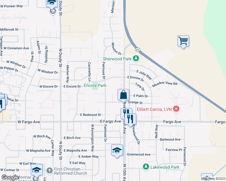 map of restaurants, bars, coffee shops, grocery stores, and more near 594 Diana Court in Hanford