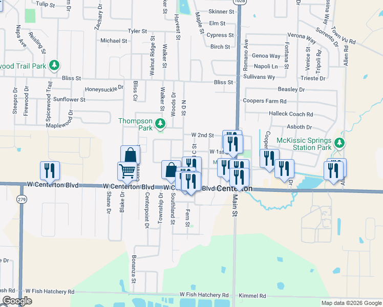 map of restaurants, bars, coffee shops, grocery stores, and more near 289 North C Street in Centerton