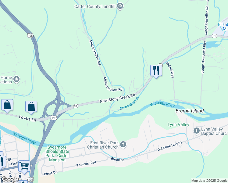 map of restaurants, bars, coffee shops, grocery stores, and more near 145 Minton Hollow Road in Elizabethton