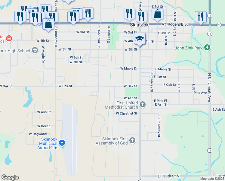 map of restaurants, bars, coffee shops, grocery stores, and more near 801 South Russell Street in Skiatook