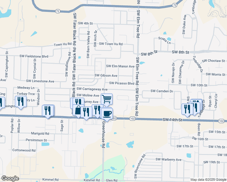 map of restaurants, bars, coffee shops, grocery stores, and more near 3601 Southwest Picasso Boulevard in Bentonville
