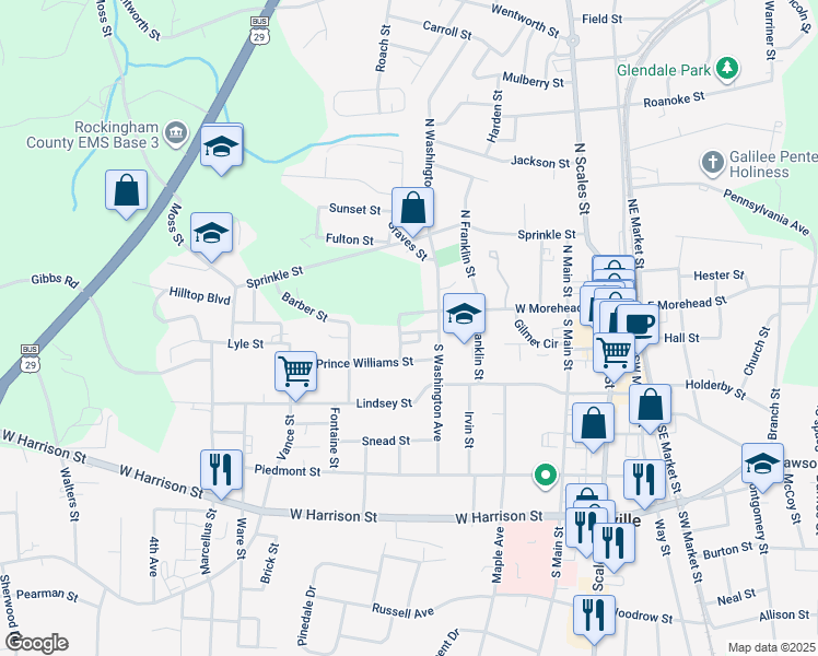 map of restaurants, bars, coffee shops, grocery stores, and more near 613 Stiers Street in Reidsville