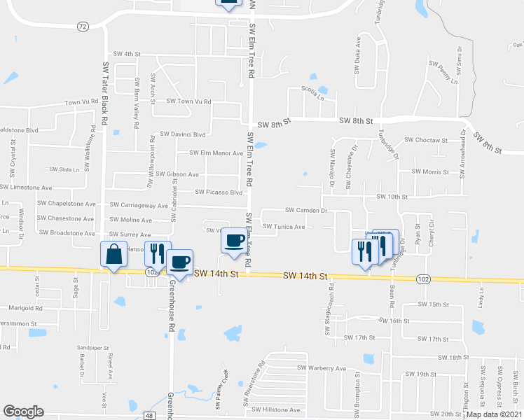 map of restaurants, bars, coffee shops, grocery stores, and more near 3202 Southwest Camden Drive in Bentonville