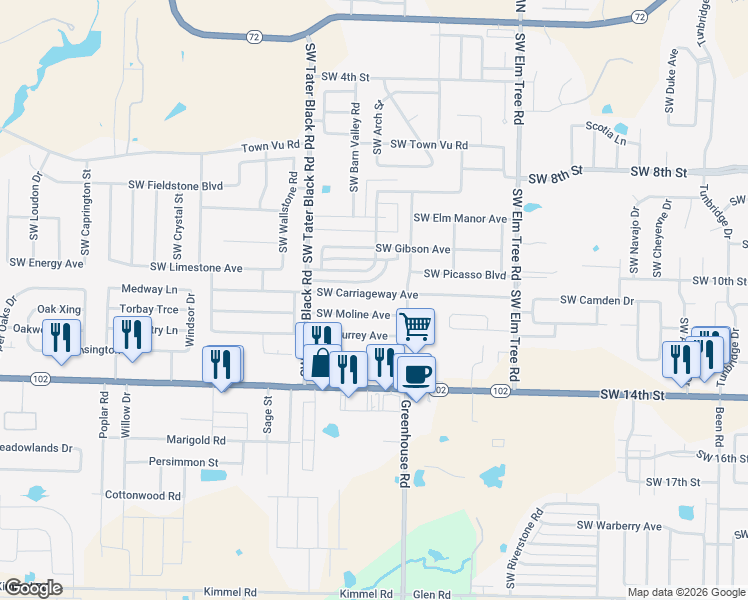 map of restaurants, bars, coffee shops, grocery stores, and more near 3806 Southwest Carriageway Avenue in Bentonville