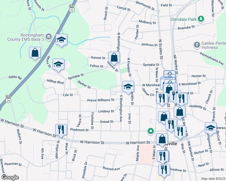 map of restaurants, bars, coffee shops, grocery stores, and more near 613 Stiers Street in Reidsville