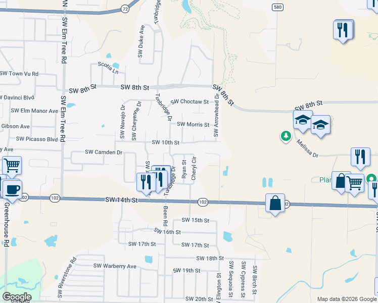 map of restaurants, bars, coffee shops, grocery stores, and more near 2307 Southwest 10th Street in Bentonville