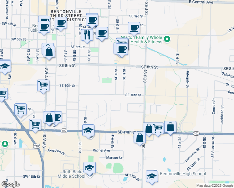 map of restaurants, bars, coffee shops, grocery stores, and more near 910 Southeast H Street in Bentonville