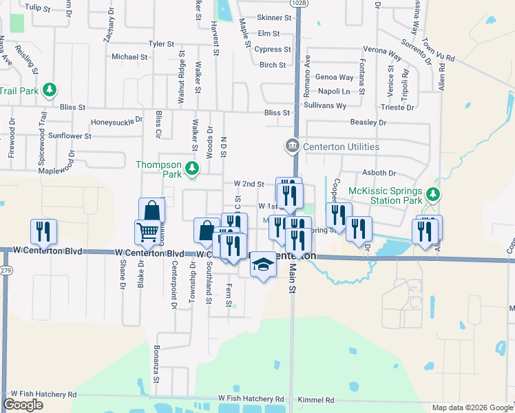 map of restaurants, bars, coffee shops, grocery stores, and more near West 1st Street in Centerton