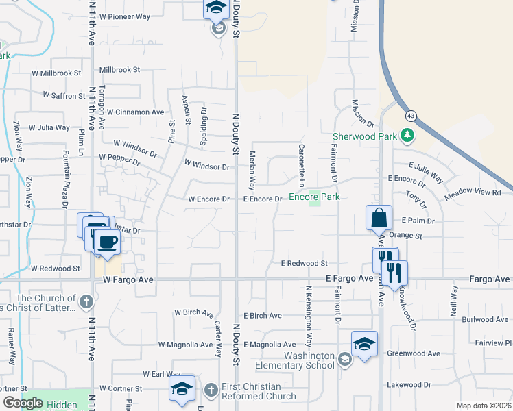 map of restaurants, bars, coffee shops, grocery stores, and more near 174 East Encore Drive in Hanford