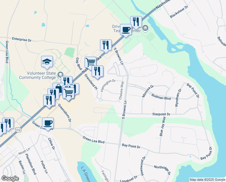 map of restaurants, bars, coffee shops, grocery stores, and more near 1378 Habersham Drive in Gallatin