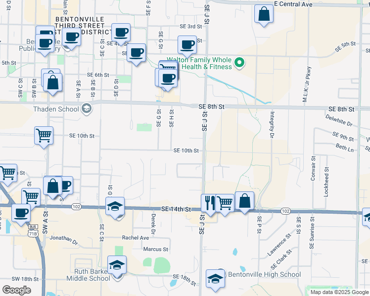 map of restaurants, bars, coffee shops, grocery stores, and more near 905 Southeast 10th Street in Bentonville