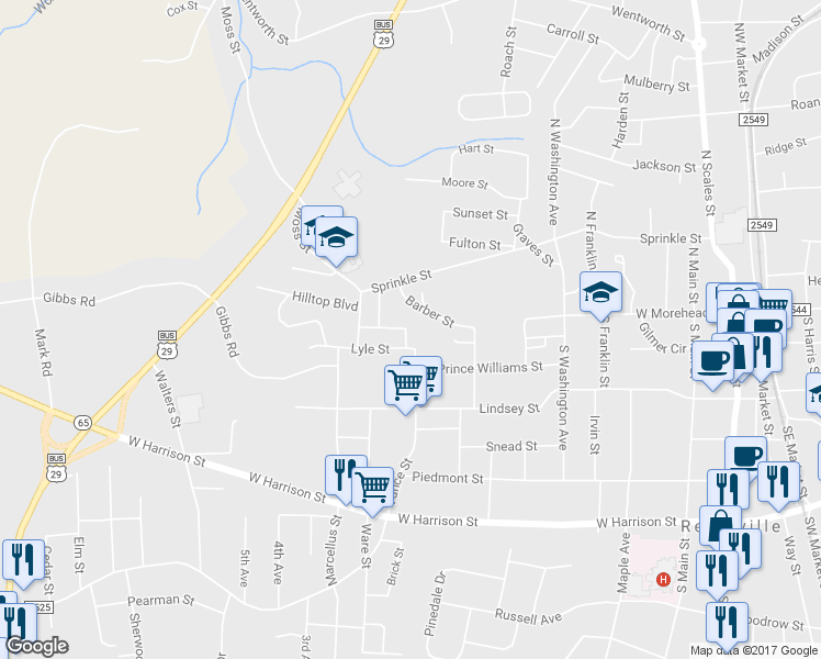 map of restaurants, bars, coffee shops, grocery stores, and more near 704 Burnett Street in Reidsville