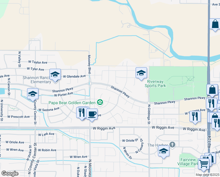 map of restaurants, bars, coffee shops, grocery stores, and more near 3610 North Fairway Street in Visalia