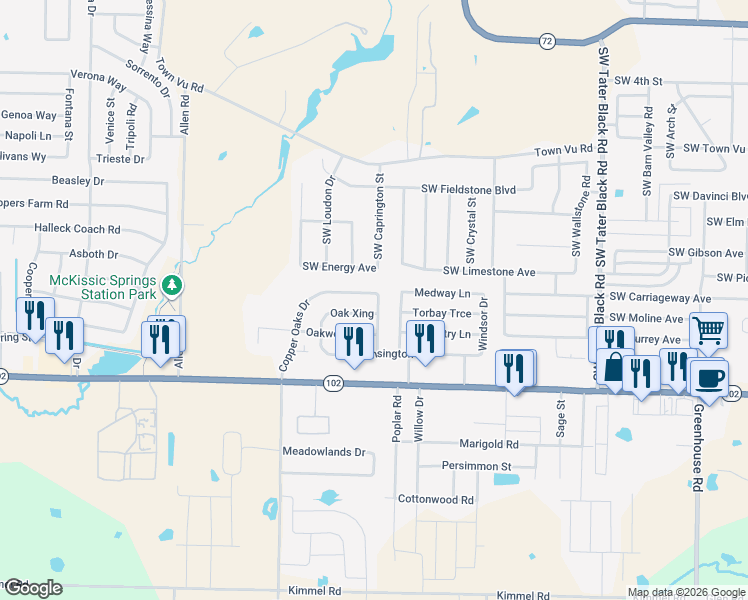 map of restaurants, bars, coffee shops, grocery stores, and more near 299 Copper Oaks Drive in Centerton