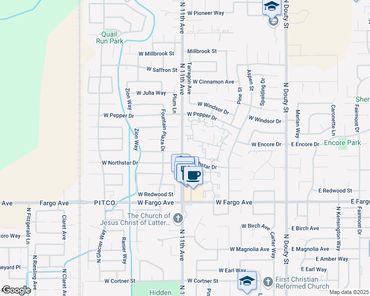 map of restaurants, bars, coffee shops, grocery stores, and more near 2727 North 11th Avenue in Hanford