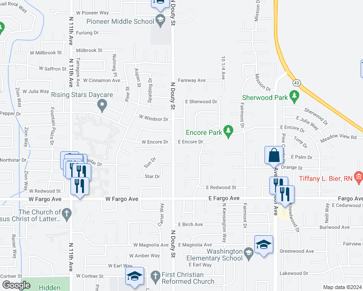 map of restaurants, bars, coffee shops, grocery stores, and more near 135 East Encore Drive in Hanford