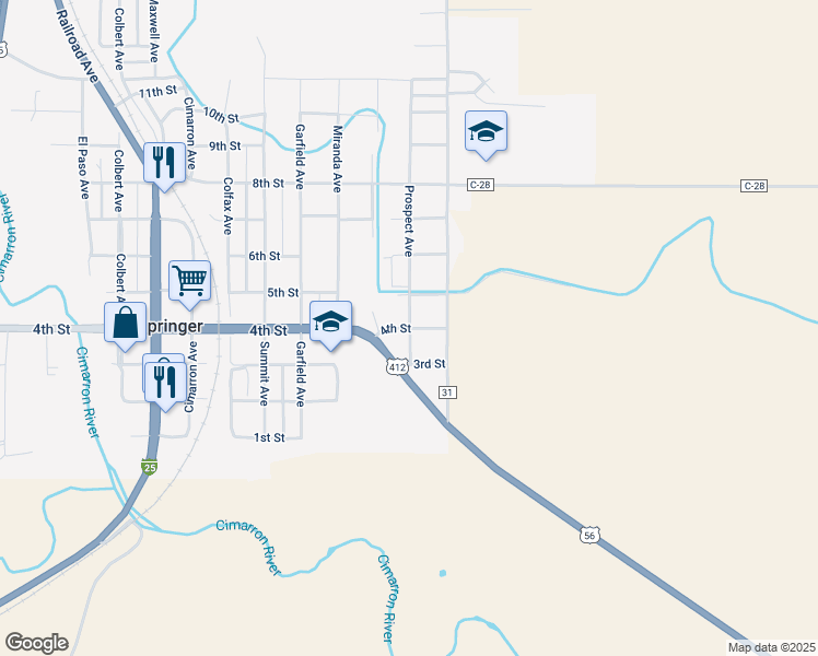 map of restaurants, bars, coffee shops, grocery stores, and more near 401 Prospect Avenue in Springer
