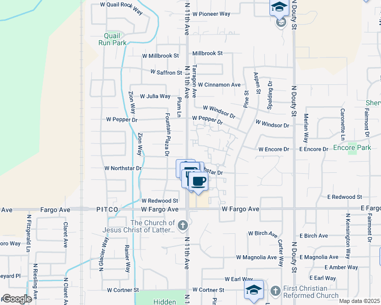 map of restaurants, bars, coffee shops, grocery stores, and more near North 11th Avenue in Hanford